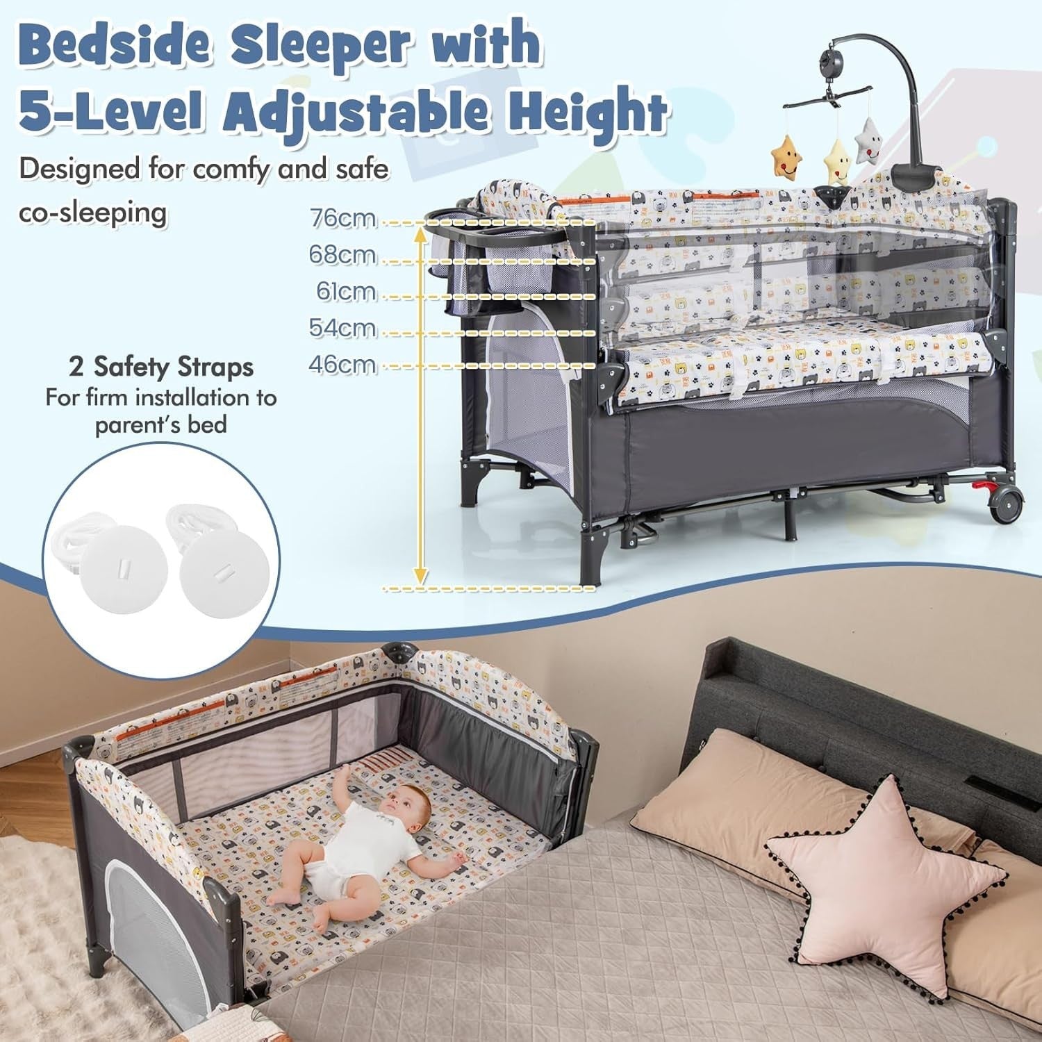 6in1 Baby Travel Cot Foldable Crib with Mattress, Changer & Storage Bear