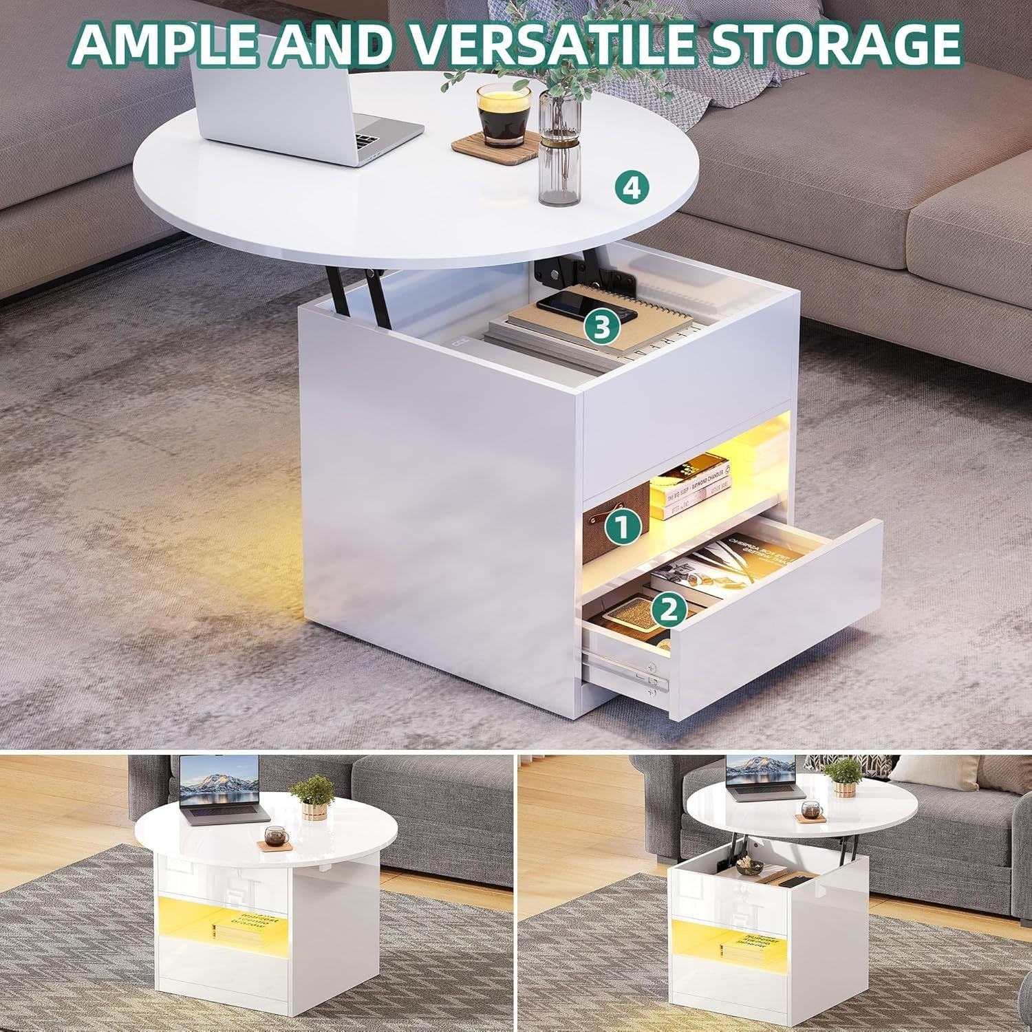 Modern White Round Lift Top Coffee Table with Storage & RGB LED Lights