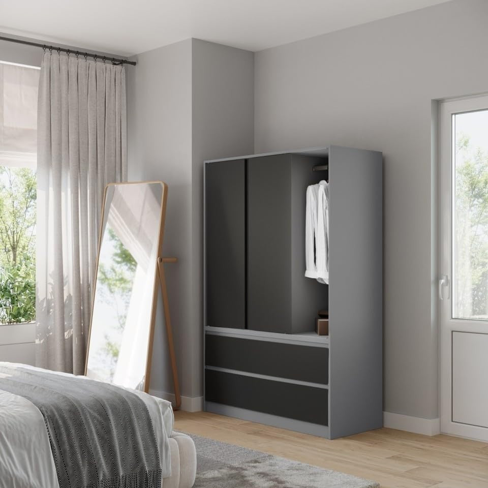 Black Sliding Door Wardrobe with 4 Drawers & Hanging Rail – Space Saver