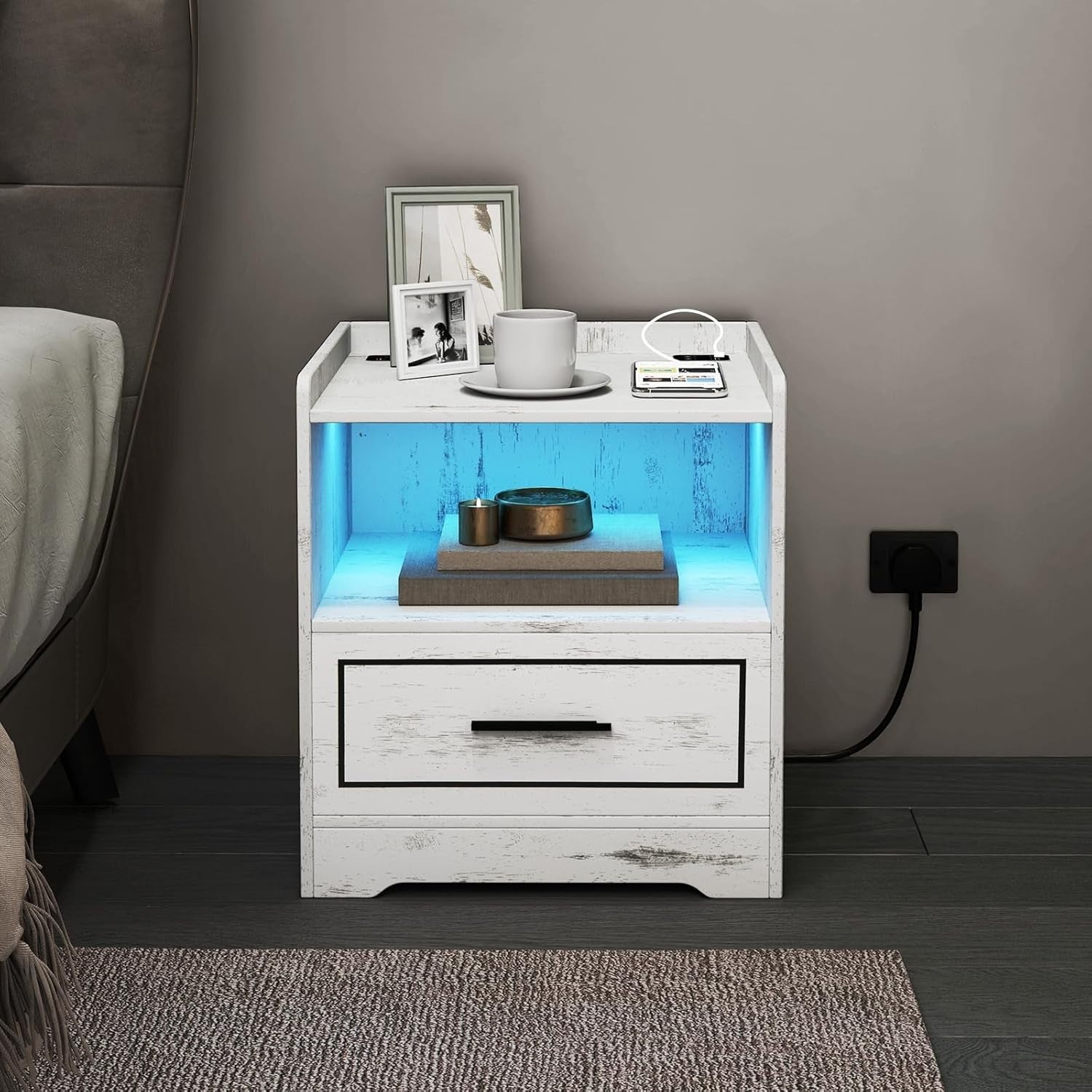 Set of 2 LED Bedside Tables with USB Charging Station & Storage | Modern