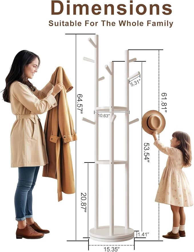 White Wooden Coat Rack Stand with 3 Shelves | 360° Rotating Hall Tree 9 Hooks