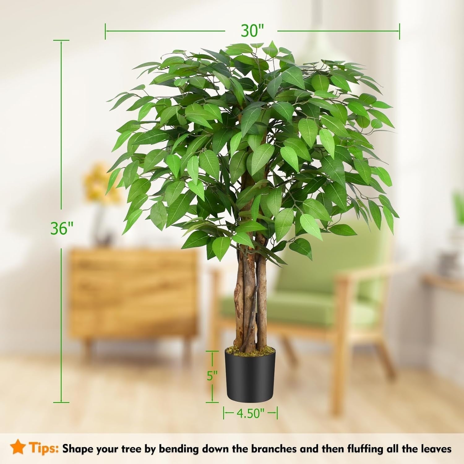 3ft Ficus Artificial Tree 90cm – Natural Curved Trunks Indoor Faux Plant Decor