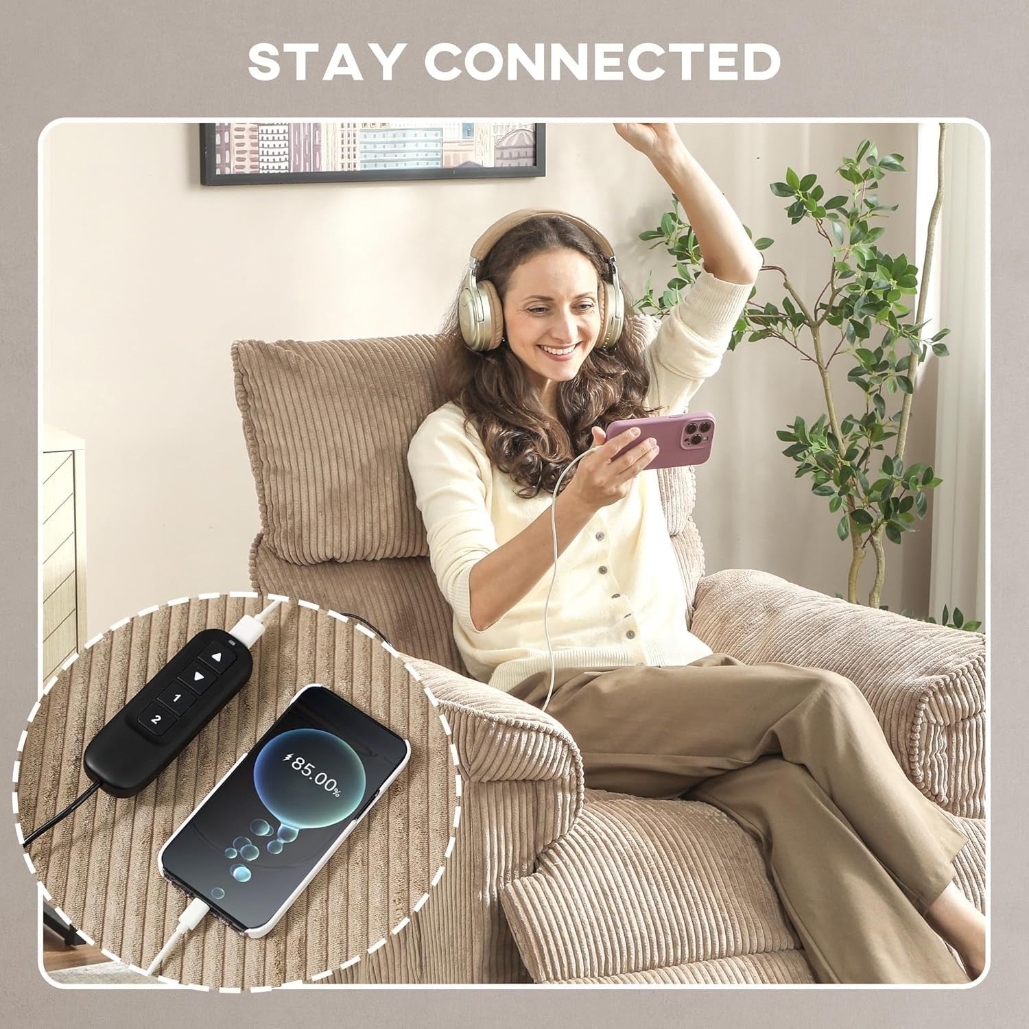 Electric Massage Recliner Chair Heat USB Corduroy Power Recliner Brown
