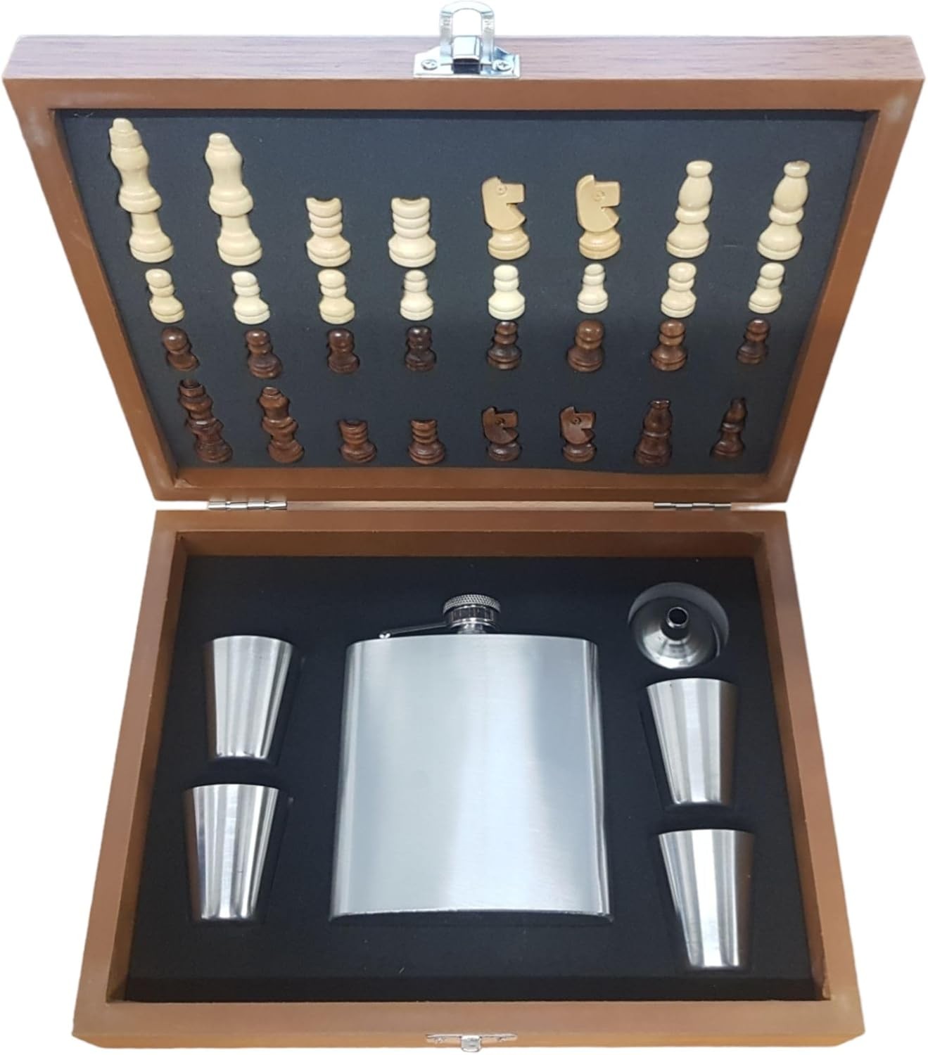 Luxury Chess Gift Set with 6oz Hip Flask | Wooden Case | Cups & Funnel Included
