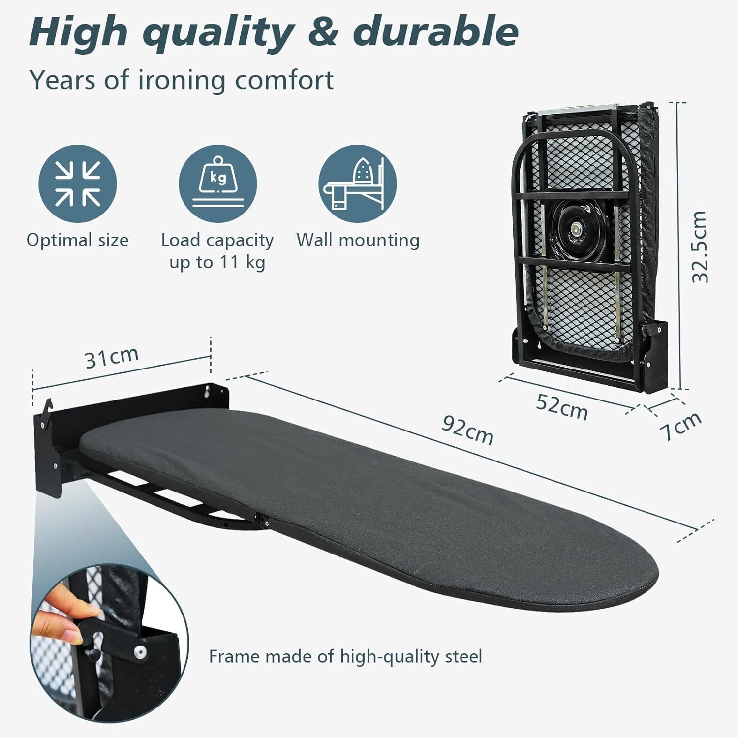Wall Mounted Ironing Board 180° Rotatable Foldable Space Saving 92x31cm
