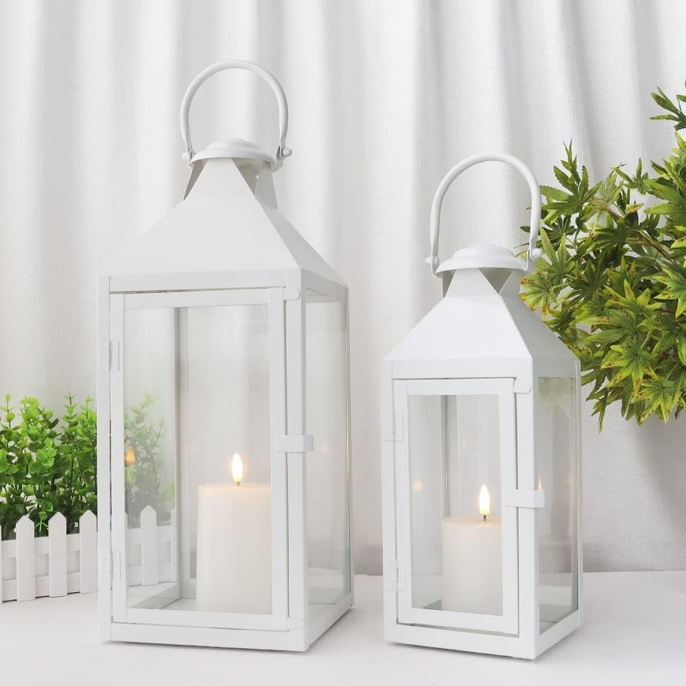 Set of 2 Cream Metal Candle Lanterns Indoor Outdoor
