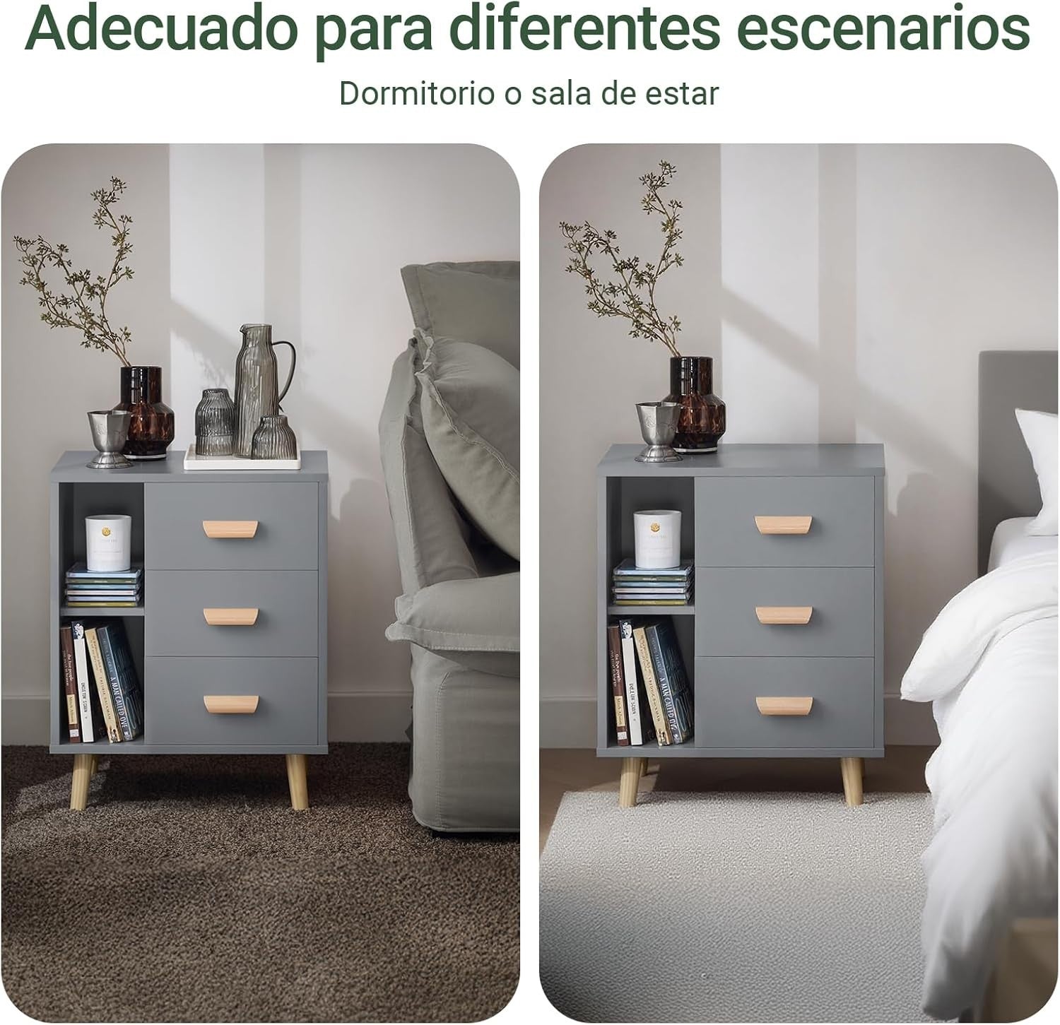 Modern Grey 3 Drawer Bedside Table with Shelves – Wooden Storage Cabinet