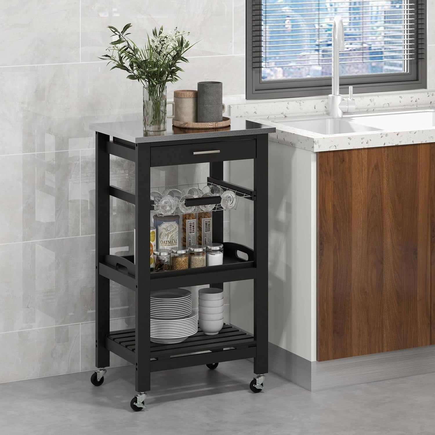 Kitchen Trolley on Wheels Storage Cart Stainless Steel Top Drawer Shelf