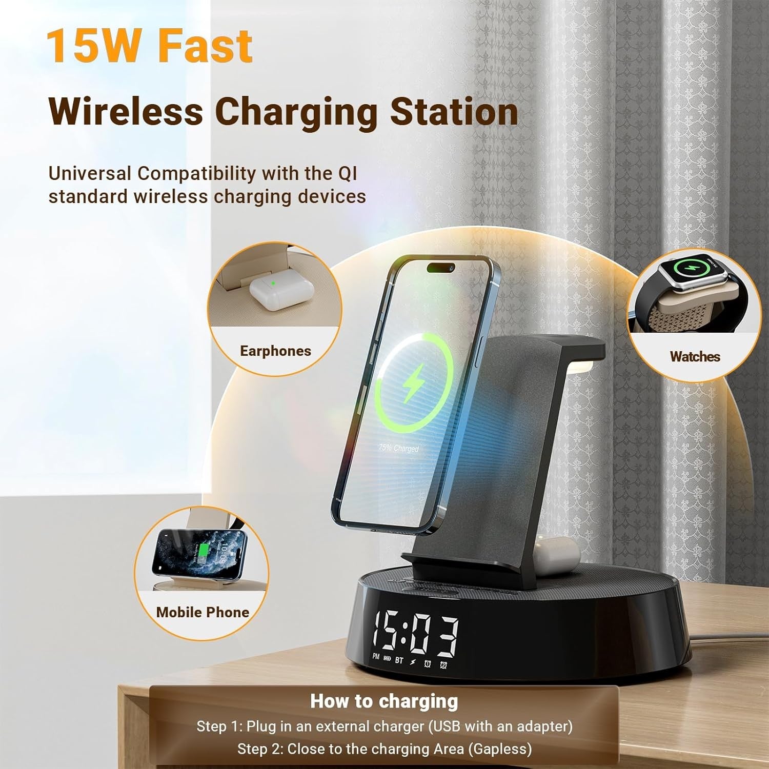 Wireless Charger Alarm Clock Bluetooth Speaker Night Light Fast Charge