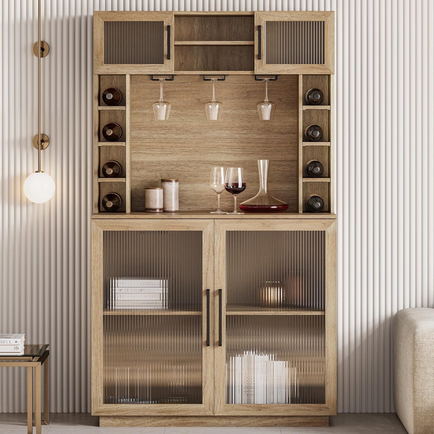 72" Rustic Wine Bar Cabinet with Power Outlet & Hutch | Glass Rack