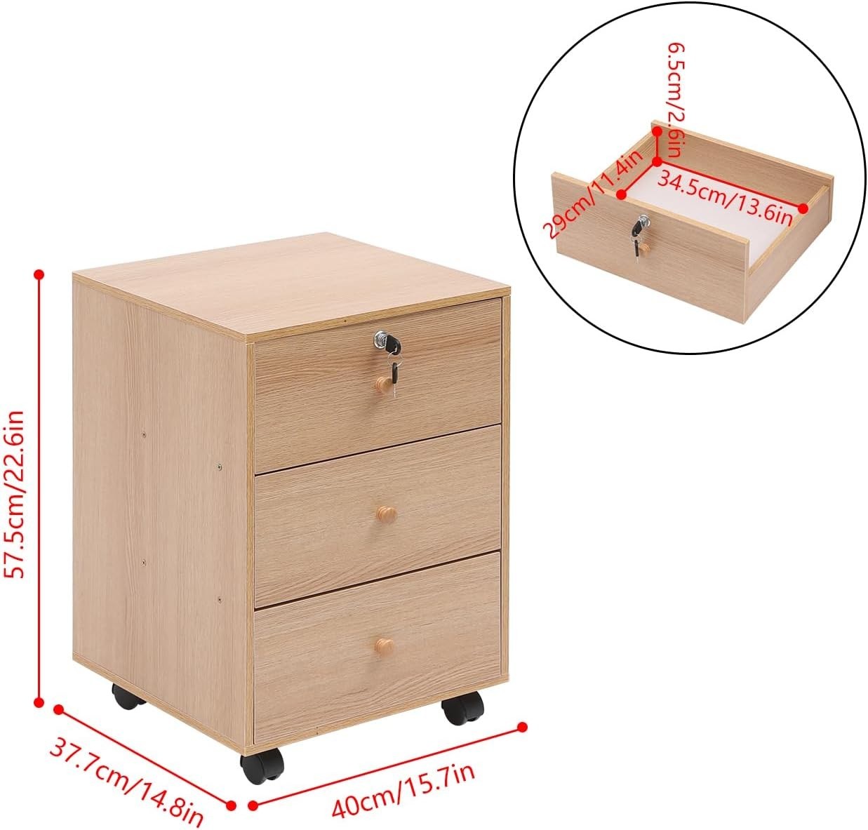Oak Rolling Lockable Drawer Cabinet 3 Tier Under Desk File Storage