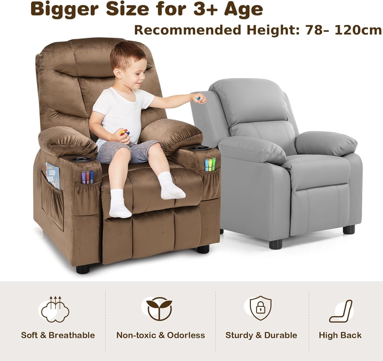 Adjustable Kids Recliner Chair Brown w/ Footrest, Velvet, Cup Holders & Storage