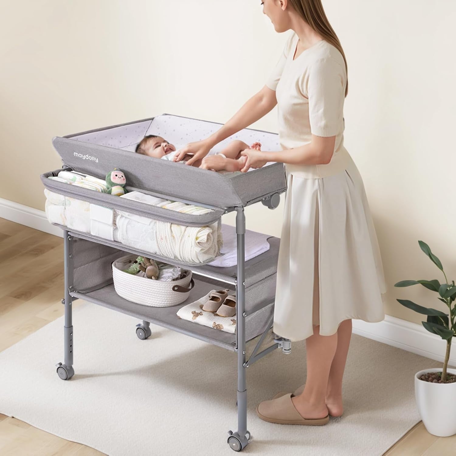 Baby Changing Table Adjustable Folding Diaper Station with Storage Rack Grey