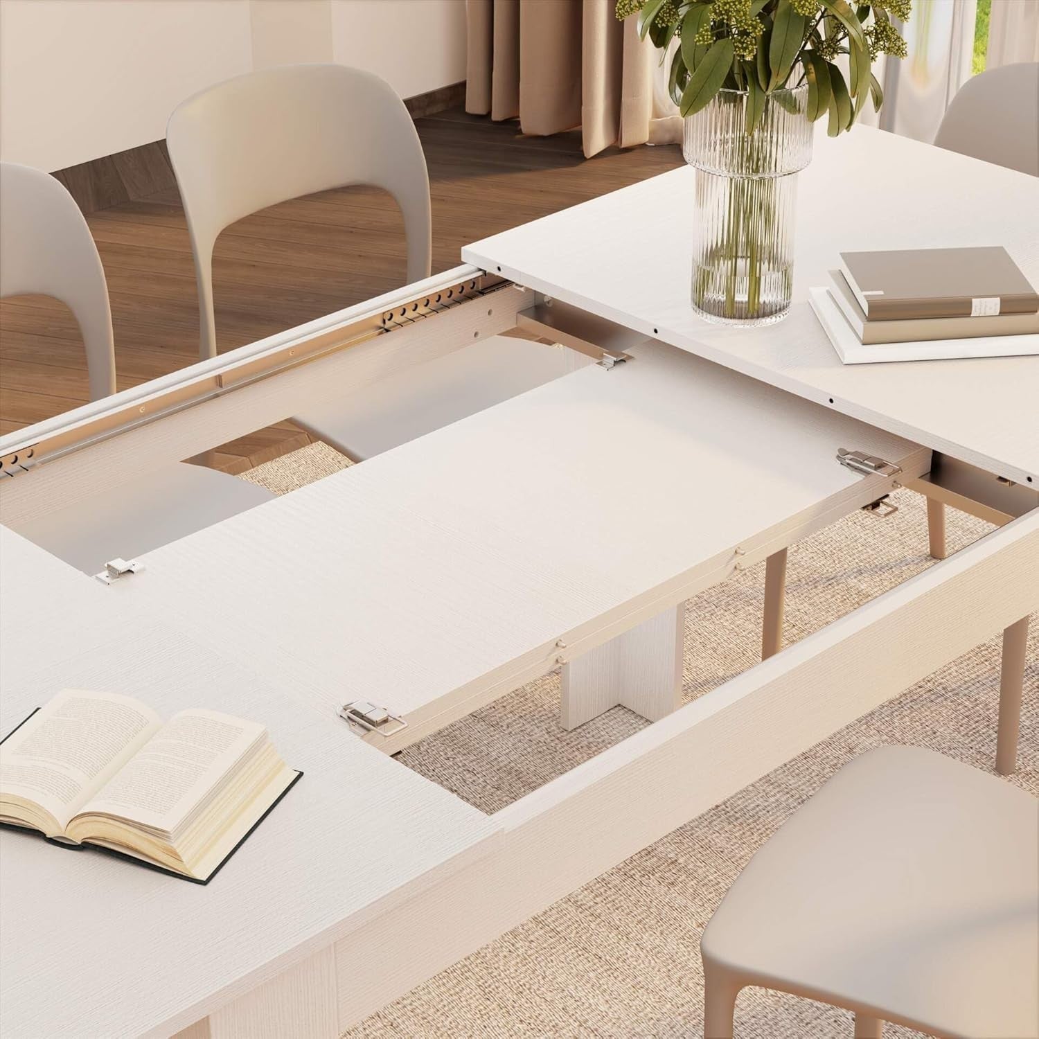 Extendable Dining Table  White 220cm Wood 6–8 Seater Modern Space Saver