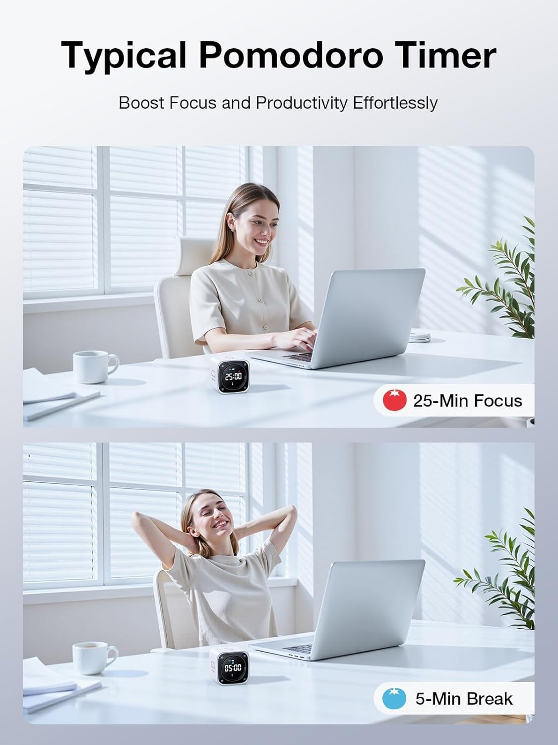 Pomodoro Timer Cube White Digital Countdown Stopwatch Focus Study Desk Clock