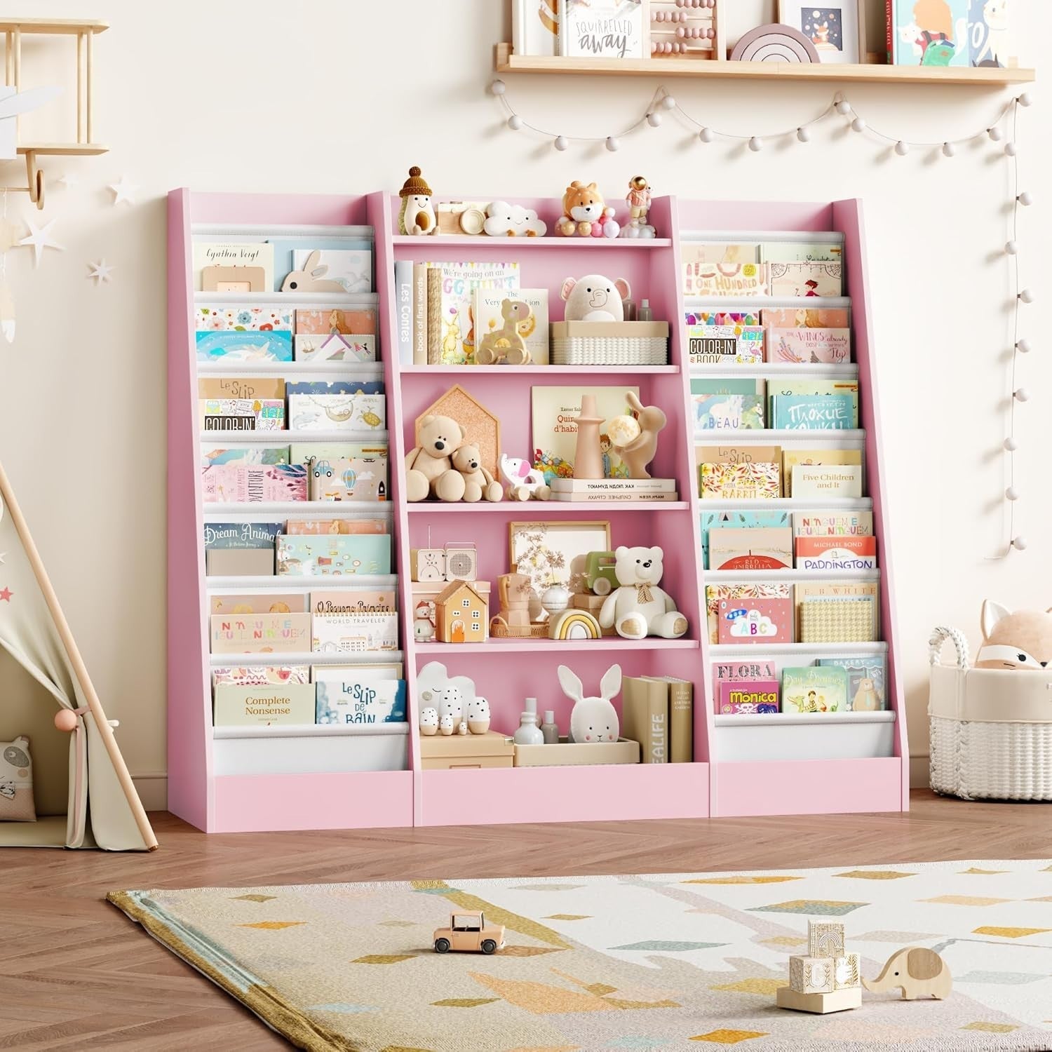 Kids Bookshelf Toy Storage Organizer with 14 Fabric Shelves & 5 Open Racks