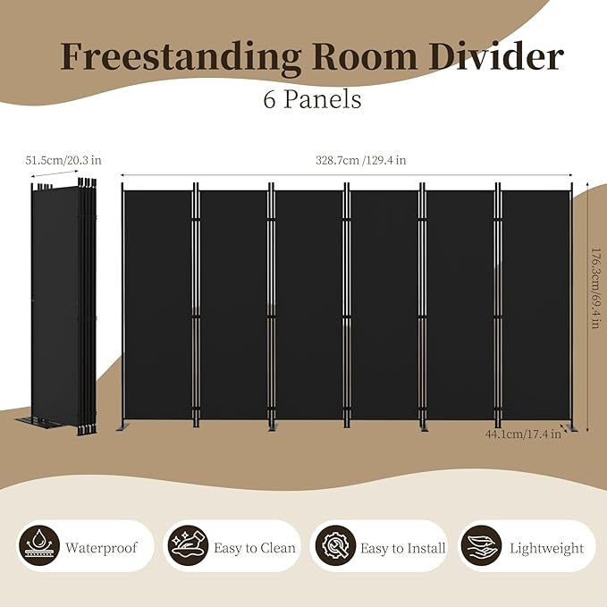 6-Panel Folding Room Divider 5.8ft Black Privacy Screen Wall Partition Office