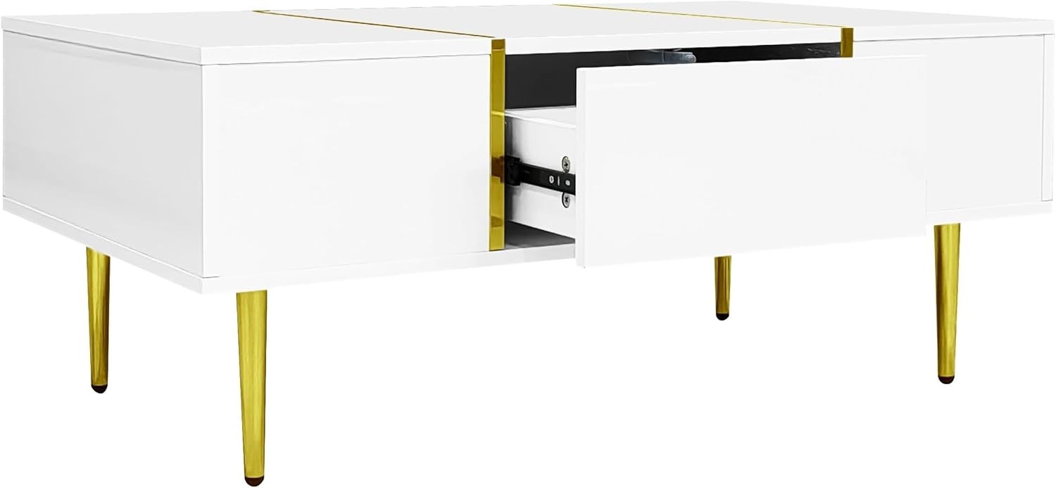 White High-Gloss Coffee Table with Storage Drawers & Gold Accents, 100x60x41cm