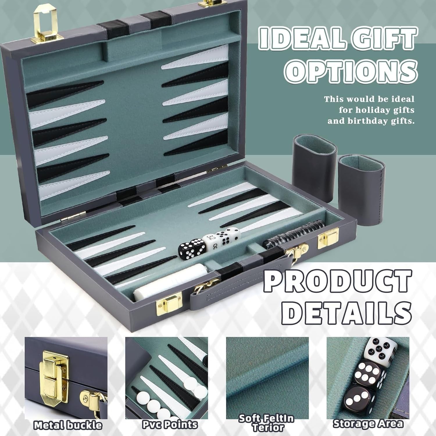 Portable Leather Backgammon Set Travel Suitcase Board Game Blue Grey