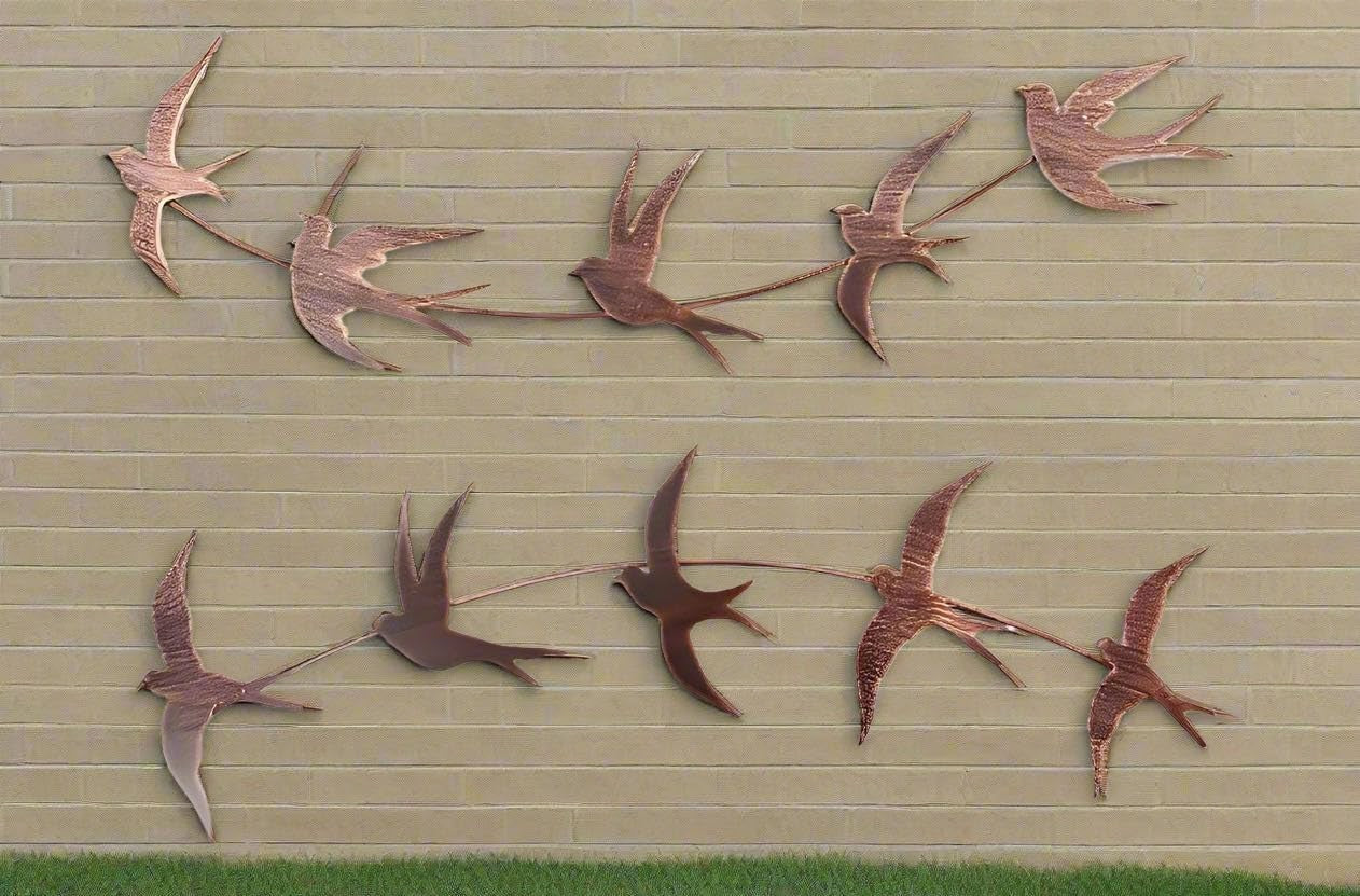 Copper Flying Birds Metal Wall Art Garden Fence Decor Set of 10