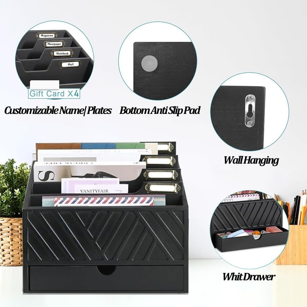 Wooden Desk Organizer Mail Sorter with Drawer | File Holder & Storage Box