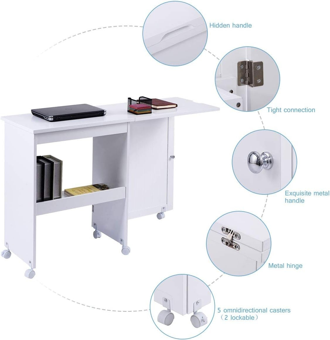 Folding Sewing Table 117cm Mobile Craft Desk with Wheels & Storage White