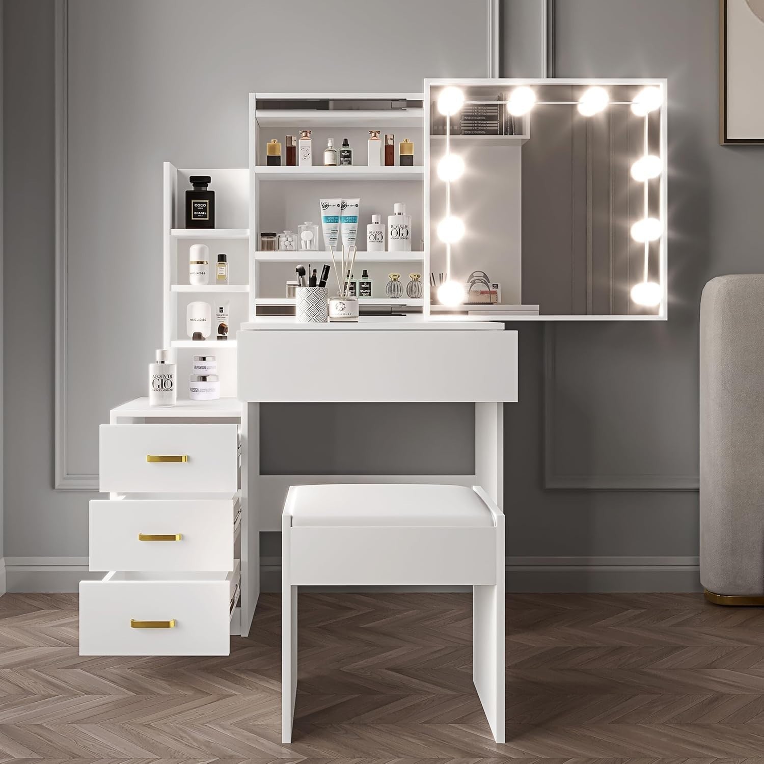 White Dressing Table Set w/LED Mirror Lights 3 Drawers Open Storage Modern
