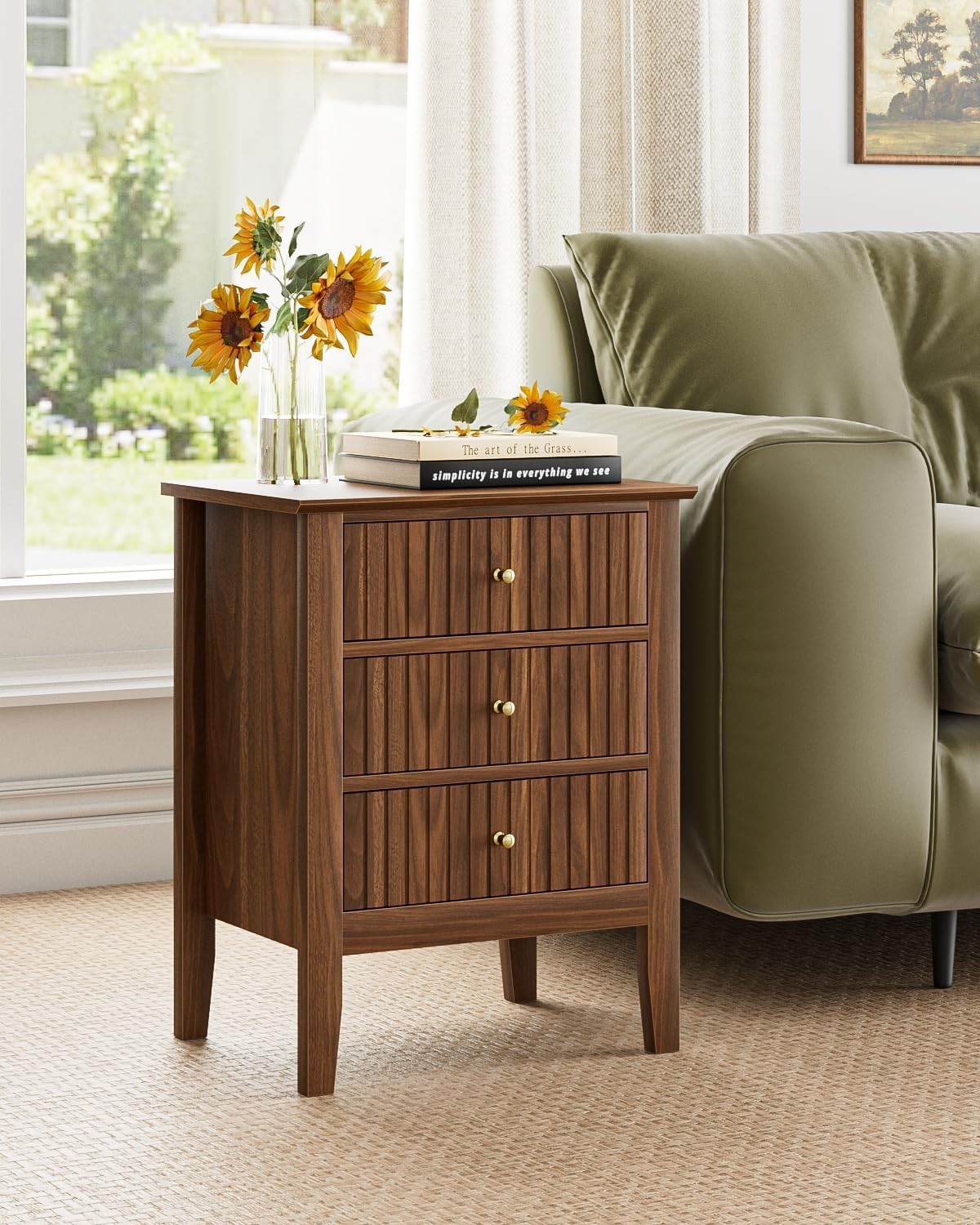Modern Walnut Bedside Table with 3 Drawers Wooden Nightstand Bedroom Storage