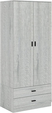 Tall Ash Grey Wooden Wardrobe with 2 Drawers Sturdy Clothes Storage Unit