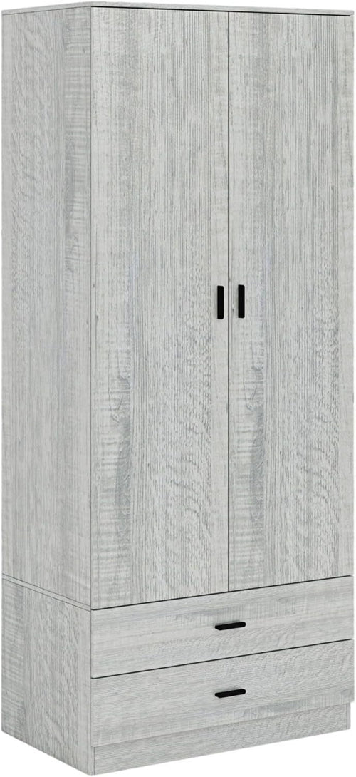 Tall Ash Grey Wooden Wardrobe with 2 Drawers Sturdy Clothes Storage Unit
