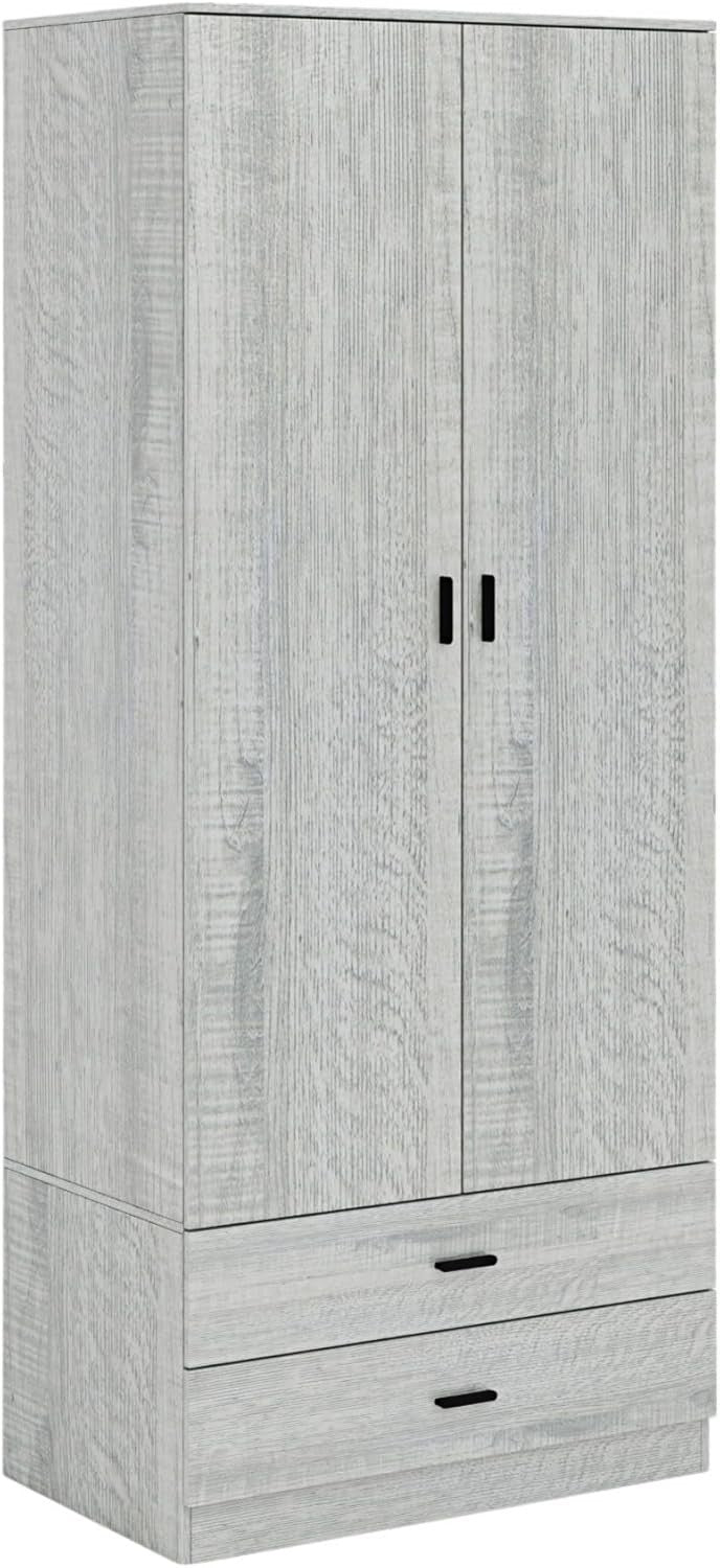 Tall Ash Grey Wooden Wardrobe with 2 Drawers Sturdy Clothes Storage Unit