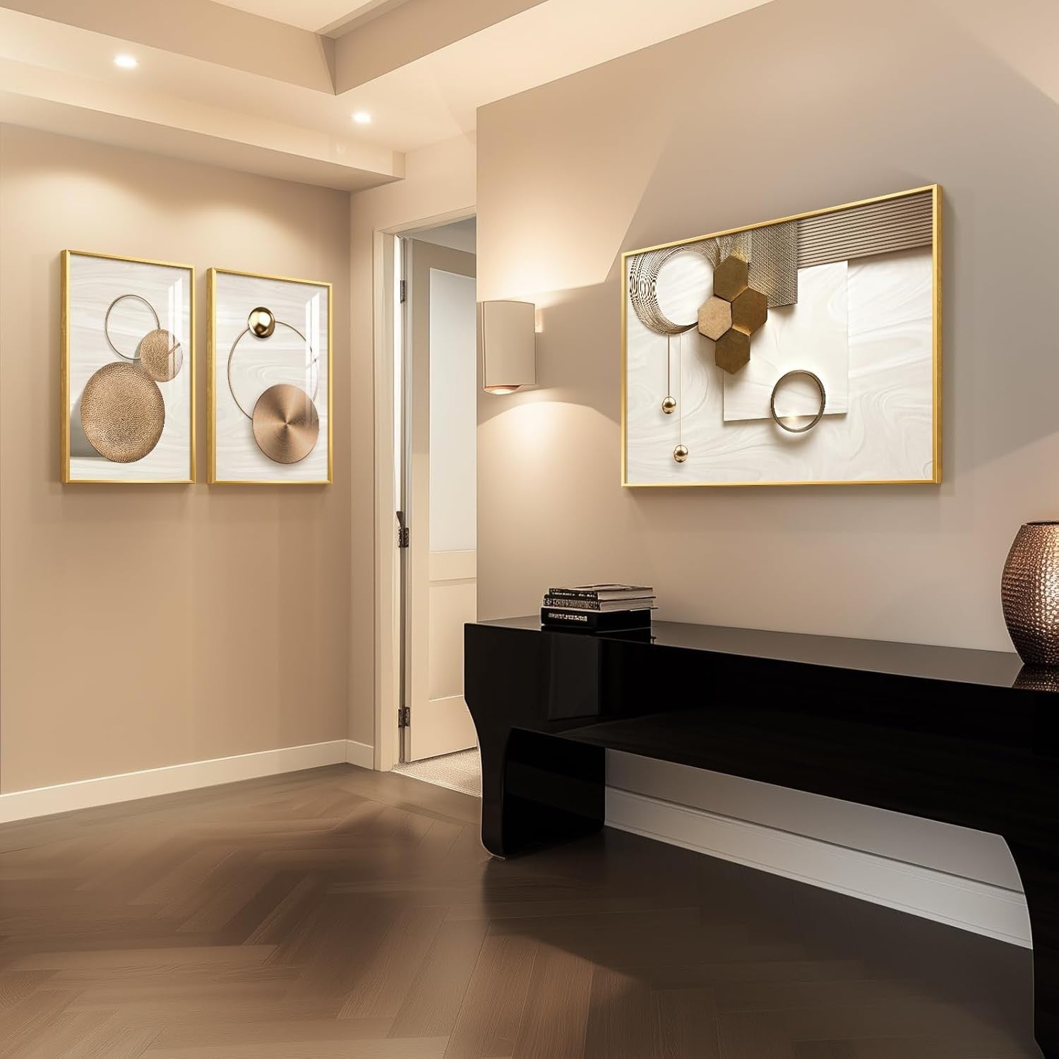 Large Framed Gold Geometric Wall Art 3 Panel 24x36in Luxury