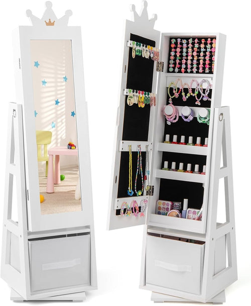Kids Jewelry Cabinet 360° Swivel Mirror Organizer Girls Dress Up Vanity
