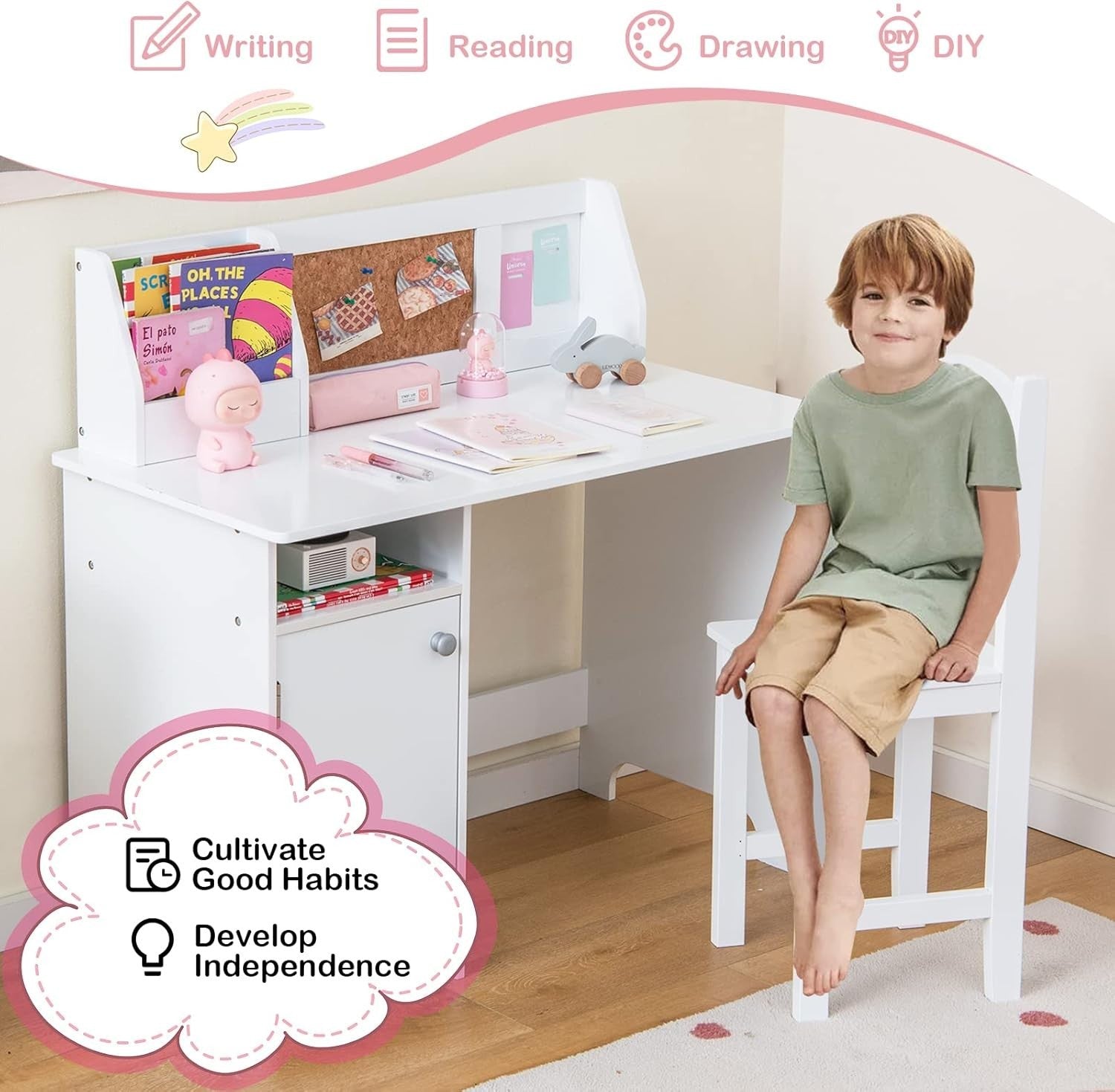 Kids Study Desk & Chair Set with Storage Cabinet, Cork Board, Ergonomic Design