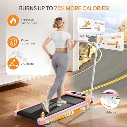 Pink Foldable Walking Pad 7% Incline w/ Handle Bar 2.5HP Under Desk 130KG