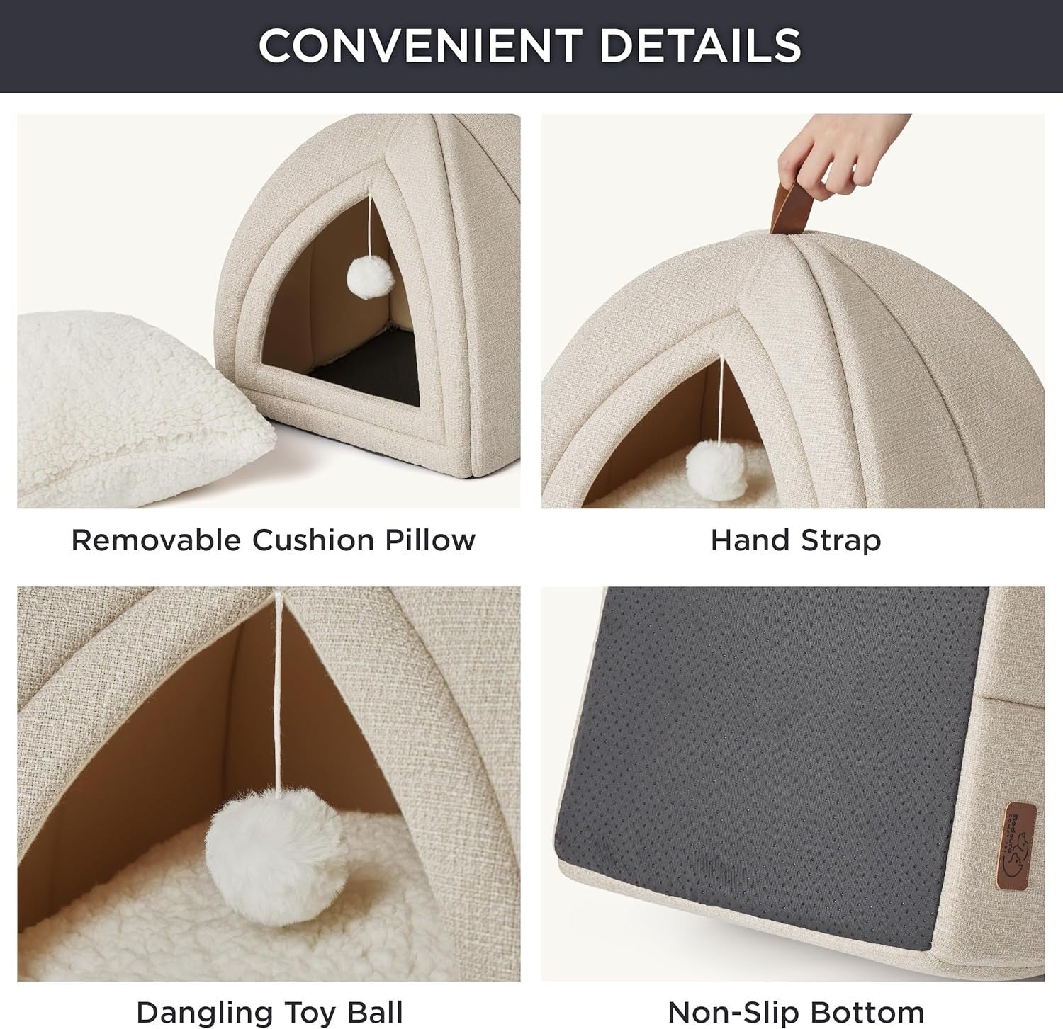 Large Cat Cave Bed 44cm Igloo Tent Washable Cushion Beige