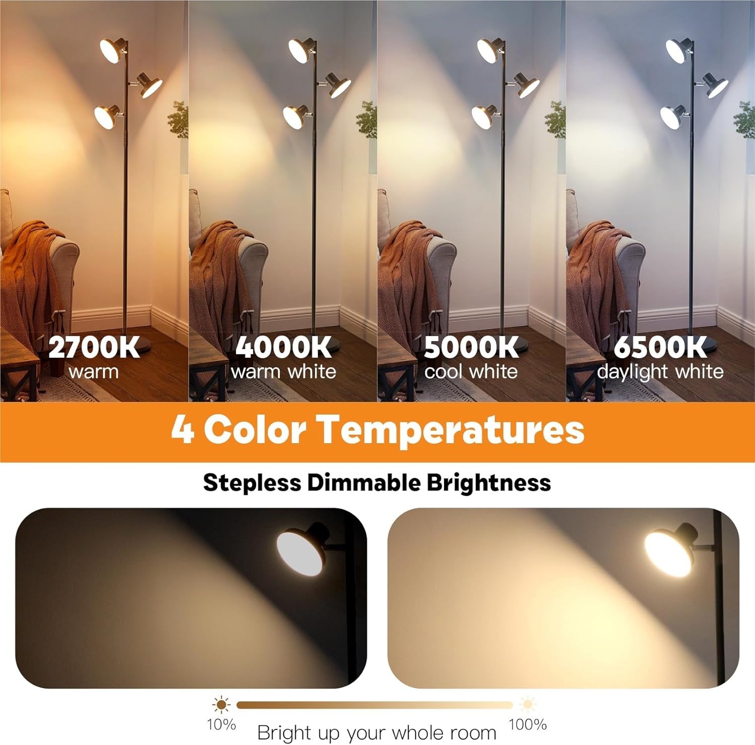 36W LED Tree Floor Lamp Black Dimmable Remote Touch 3 Head Modern Light