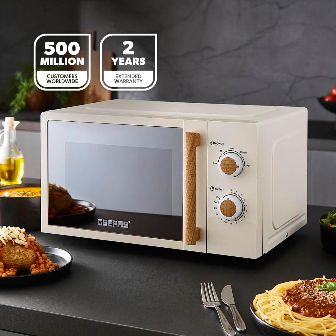 Geepas 20L Microwave Oven 700W Solo 5 Power Levels Cream Compact