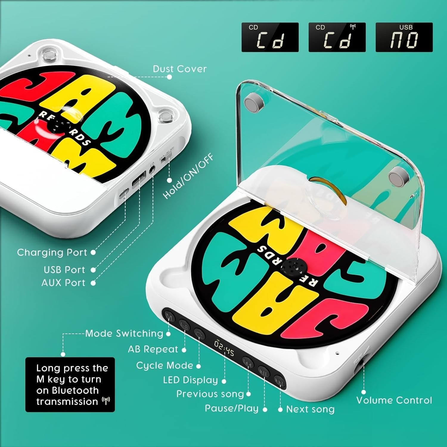 Portable CD Player Bluetooth Rechargeable Speaker USB AUX Headphones