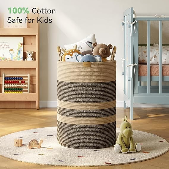 95L Large Foldable Laundry Basket with Leather Handles, Woven Dark Brown Striped