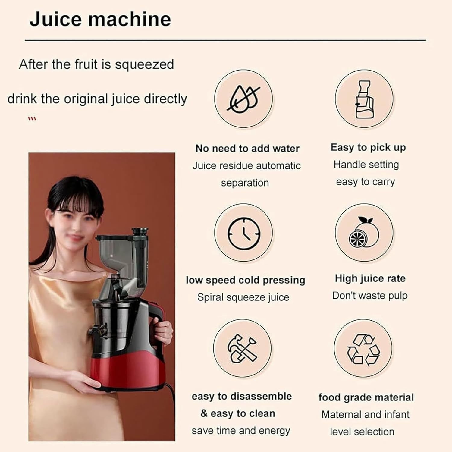 Cold Press Slow Juicer Large Feed Chute 1000ml Low RPM Reverse Function