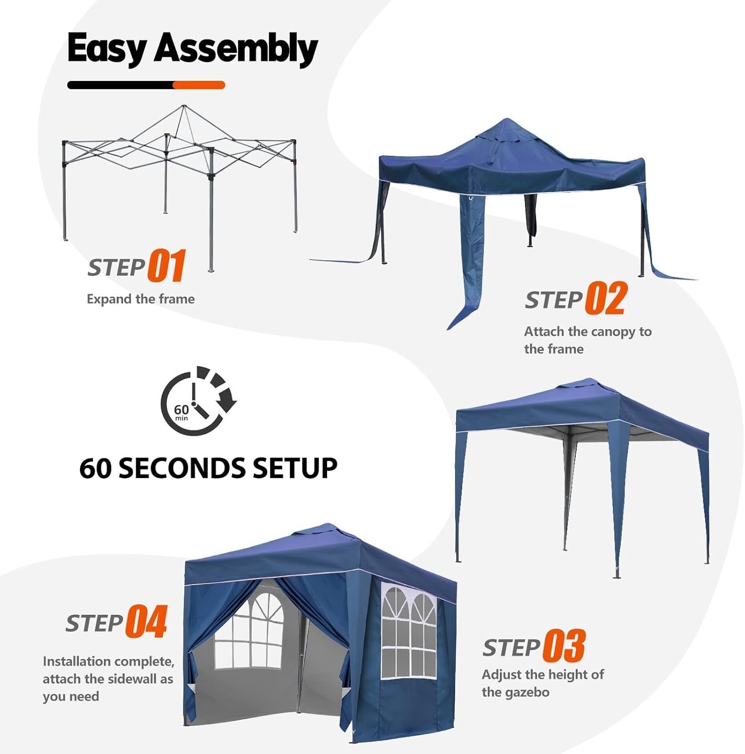 3x3M Blue Pop Up Gazebo With Removable Sides Waterproof Outdoor Tent