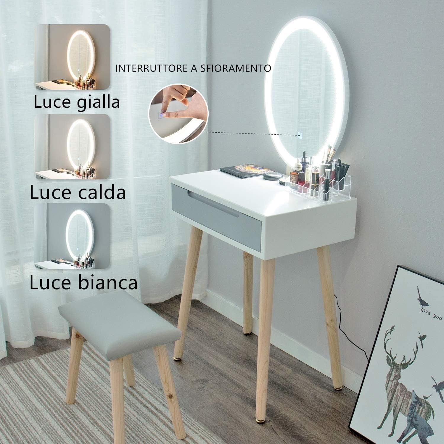 White Dressing Table LED Mirror Stool Set Vanity Desk Bedroom Makeup Storage