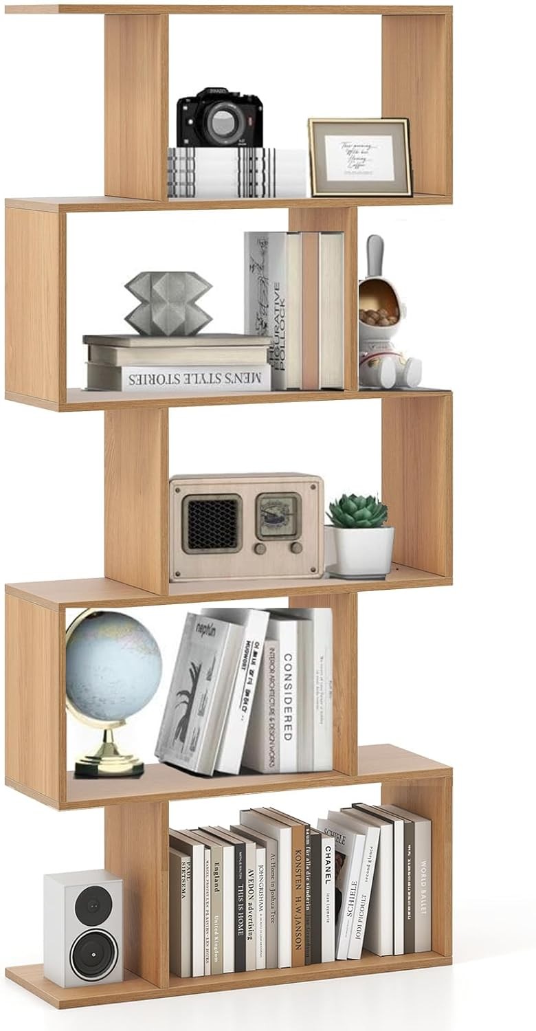 Natural Wood S-Shaped 5/6 Tier Bookcase Modern Display Shelf Storage Unit 70cm