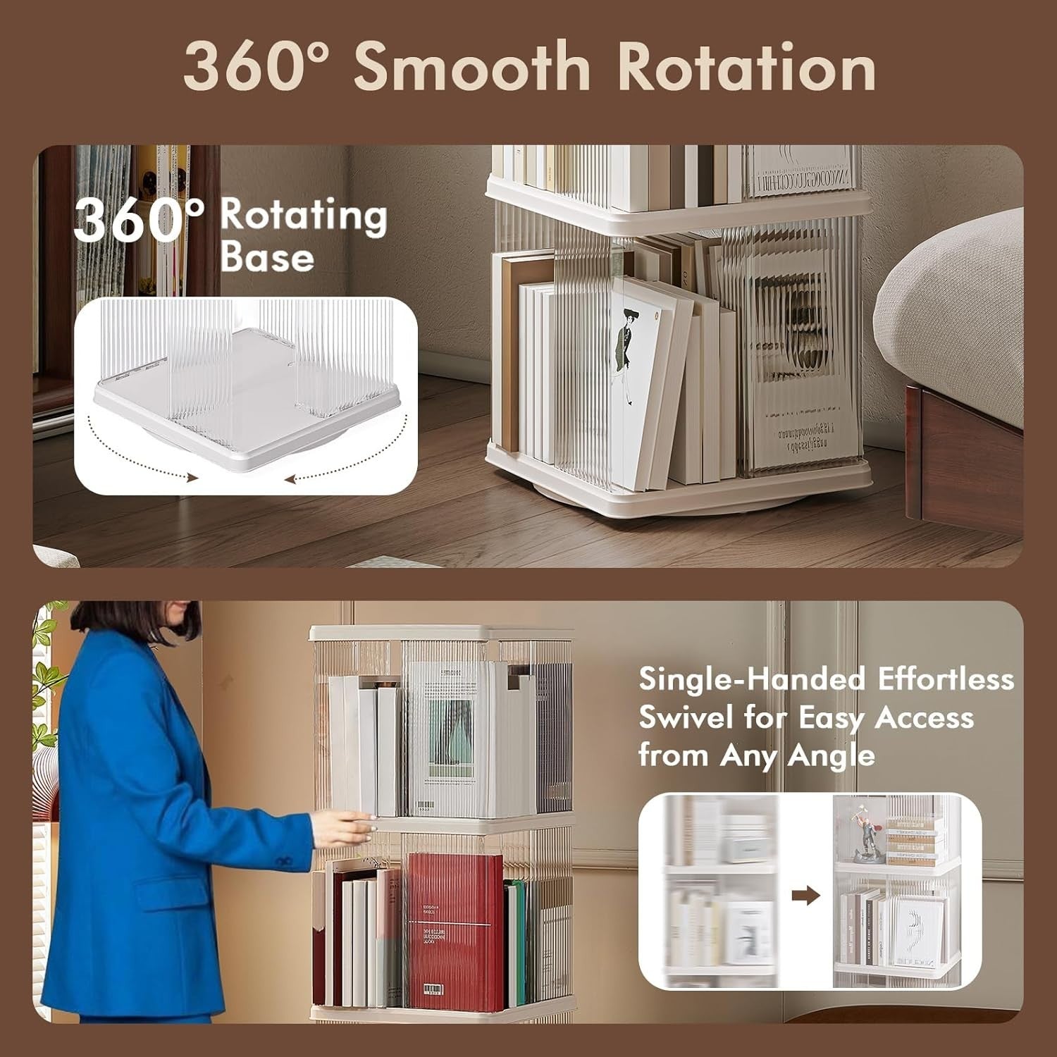 360° Rotating 4-Tier Bookshelf Tall Corner Storage Rack White Compact
