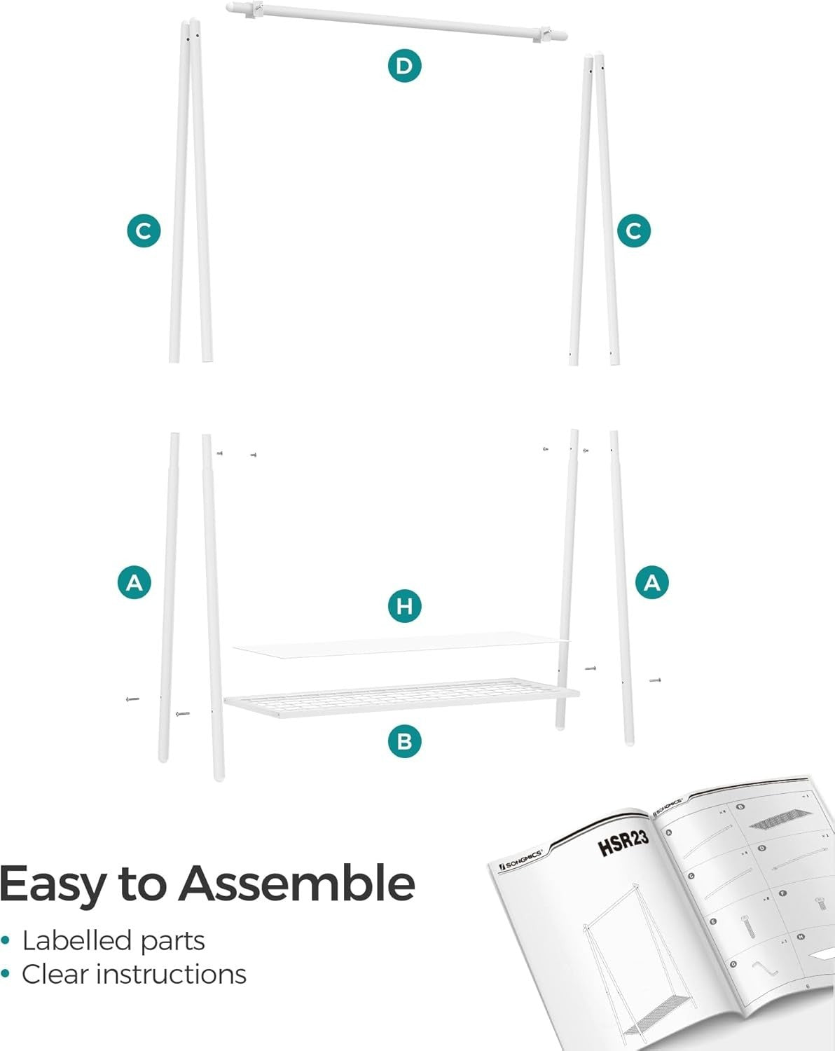 Clothes Rail with Shelf – Heavy Duty White 153cm