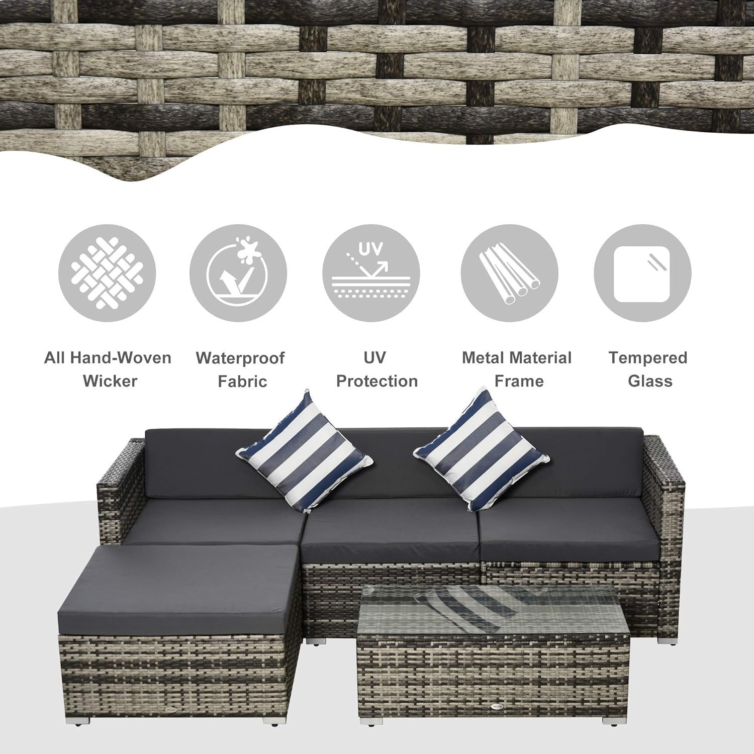 5PC Grey Rattan Outdoor Patio Sofa Set Modular Cushions Glass Table