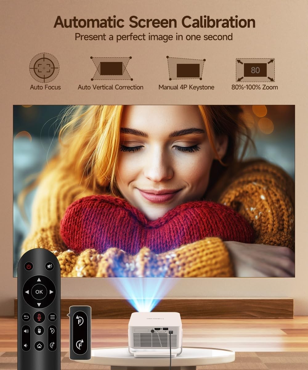 Android 14 WiFi 6 Smart Mini Projector 4K Support Auto Focus Portable