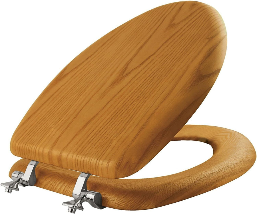 Elongated Toilet Seat Natural Oak Wood Soft Durable Chrome Hinges