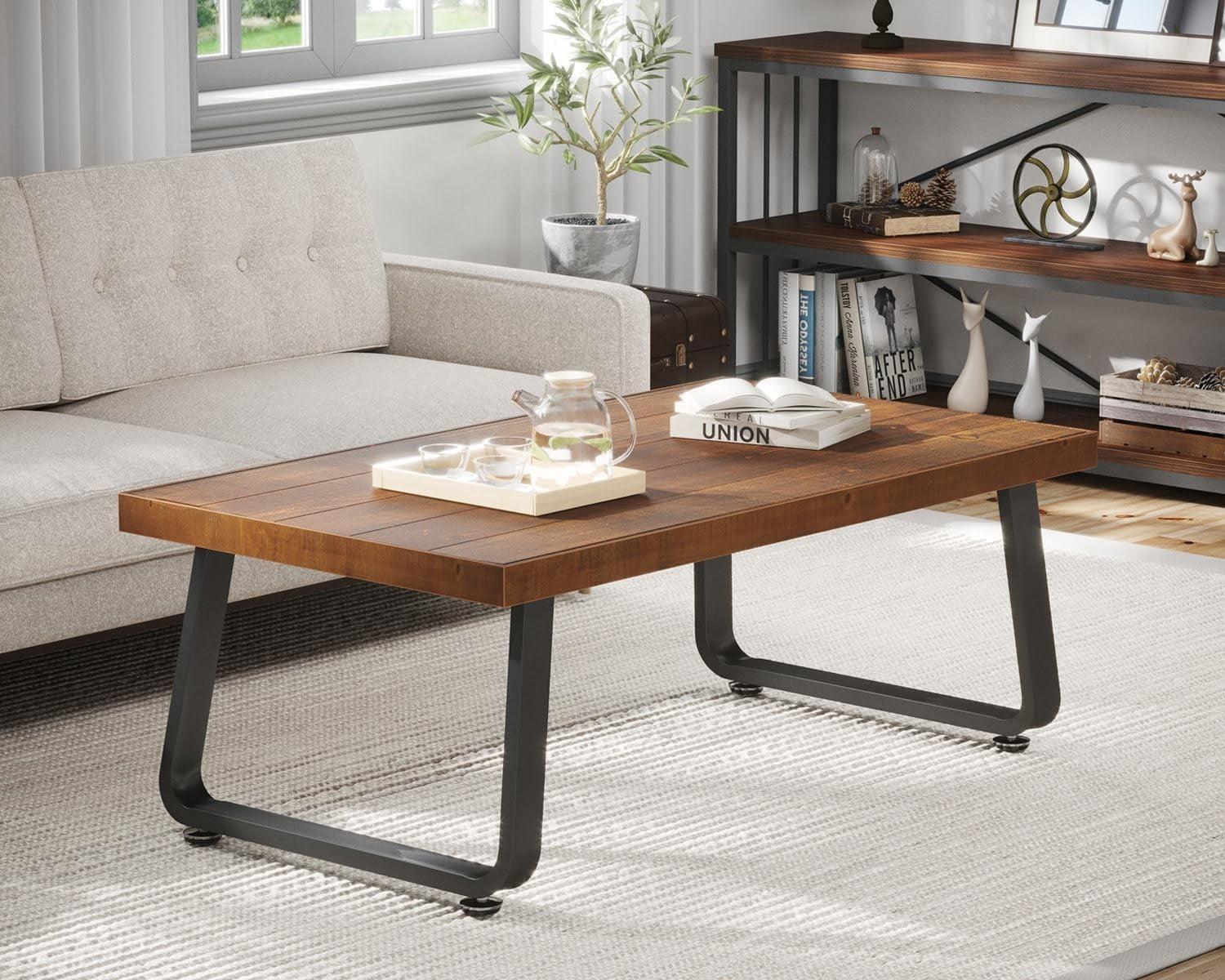 Rustic Wood Coffee Table 120CM – Industrial Metal Frame, Solid Cedar Top
